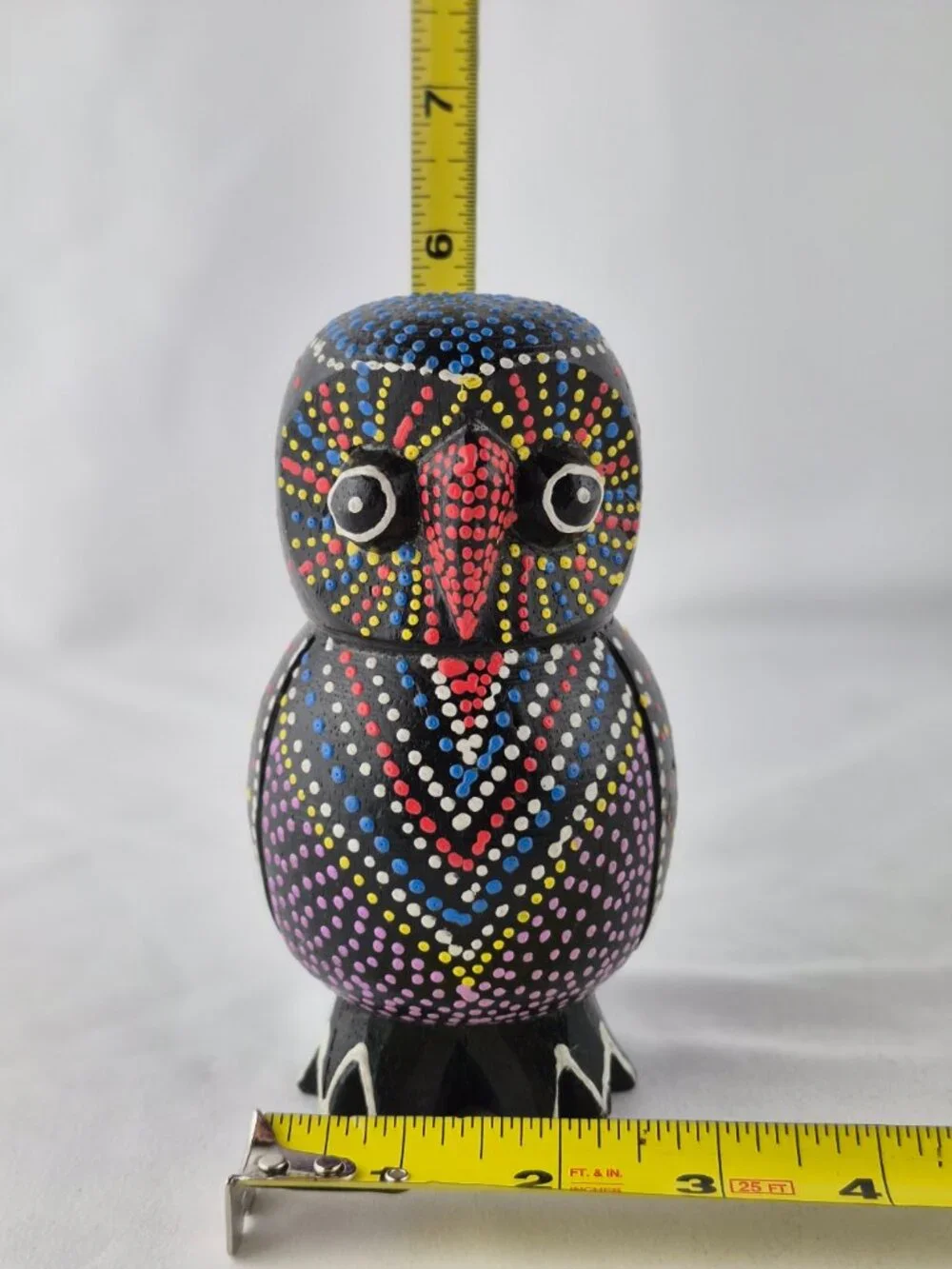 Hand Painted Wooden Owl Figurine Dot Art Folk Art Sculpture